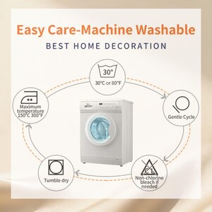 May include: White washing machine with a blue door, surrounded by care instructions. Text reads "Easy Care-Machine Washable" and "Best Home Decoration". Includes symbols for maximum temperature 300&deg;F, 30&deg;C or 80&deg;F, tumble dry, gentle cycle, and non-chlorine bleach.