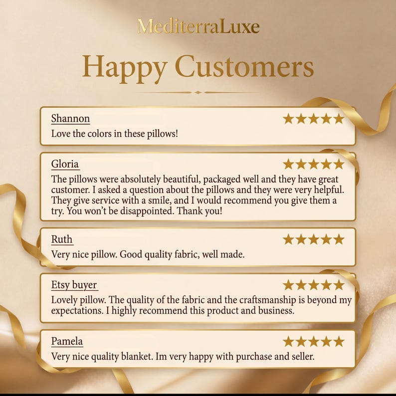 May include: A customer review graphic for MediterraLuxe titled Happy Customers. It displays five gold-bordered text boxes, each featuring a five-star rating, a customer name, and a written review about pillows and a blanket on a gold background.