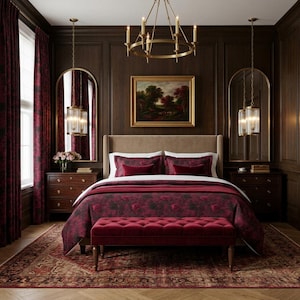 Pu&ograve; includere: Una camera da letto con un letto imbottito beige, un piumone con motivo floreale rosso scuro e cuscini abbinati. Una panca in velluto trapuntato si trova ai piedi del letto. La stanza presenta pannelli in legno scuro e un lampadario dorato.