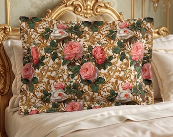 Pillow Sham Pink Roses Gold Baroque Scroll | Grandmillennial Bedroom Decor Gift