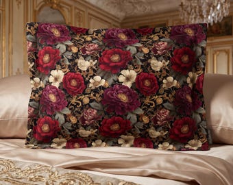Poszewka na poduszkę z motywem wiktoriańskiej piwonii w stylu noir | Dekoracja sypialni w stylu gotycko-mrocznym