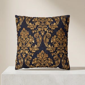 Almohada de damasco con filigrana dorada, cojín barroco real azul marino, decoración con adornos rococó, decoración de lujo para el hogar