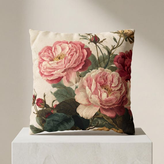 Floral Throw Pillow Vintage Roses Botanical Sofa Cushion Elegant Home Decor