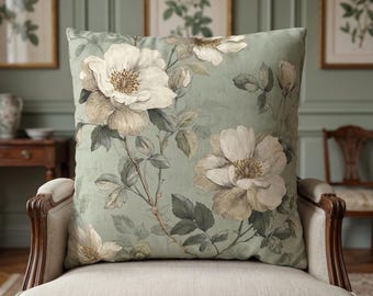 Designer Pillow Sage Green Rose Chateau Pillow | Vintage Botanical Faux Suede Cushion