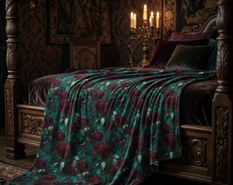 Coperta in peluche gotica floreale color verde acqua scuro romantico vittoriano cremisi rosa, copridivano scuro e malinconico