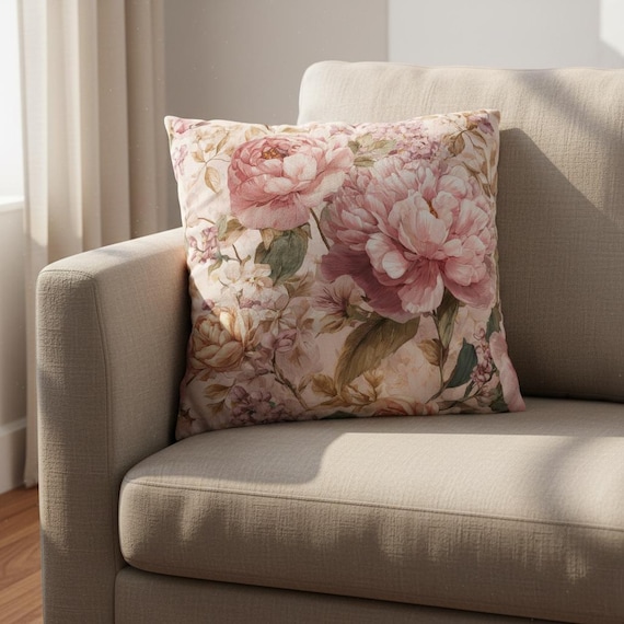 Blush Pink Floral Throw Pillow Vintage Peony Botanical Sofa Cushion Romantic Cottagecore Home Decor