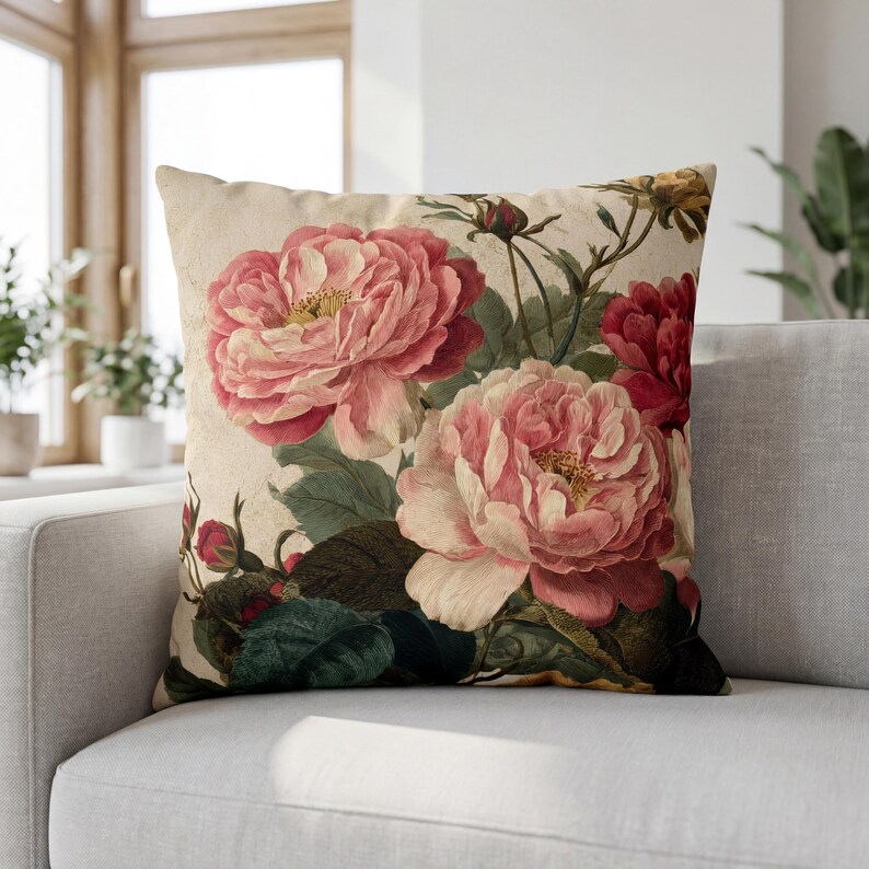 Floral Throw Pillow Vintage Roses Botanical Sofa Cushion Elegant Home Decor image 7
