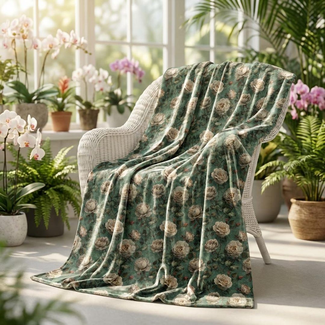 Plush Roses Throw Vintage Rose Pattern Velveteen Plush Blanket | Green Floral Throw - Etsy
