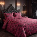 Dark Lace Rose Cotton Bed Set Burgundy Linen Romantic Bedding Gothic Bedroom Decor