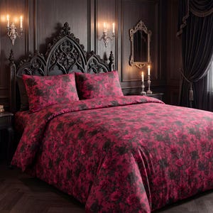 Dark Lace Rose Cotton Bed Set Burgundy Linen Romantic Bedding Gothic Bedroom Decor