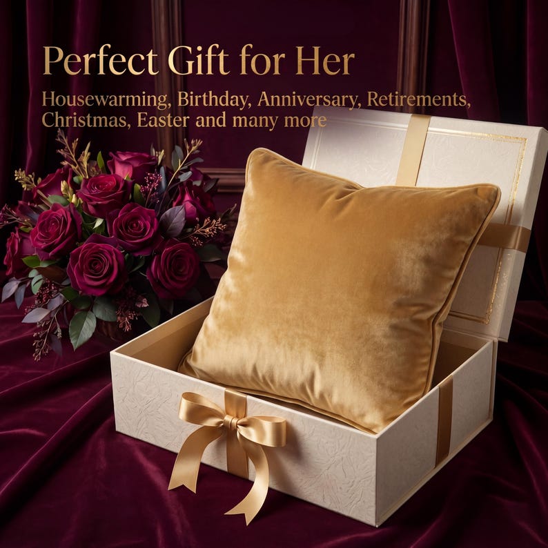 May include: A square gold velvet throw pillow sits inside an open white gift box with a gold ribbon bow. Next to the box is a bouquet of deep red roses. The text reads: Perfect Gift for Her Housewarming, Birthday, Anniversary, Retirements, Christmas, Easter and many more.