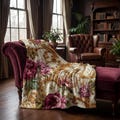 Velveteen Microfiber Golden Scrolls Plush Blanket Baroque Roses Throw for Couch