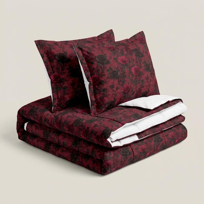 Dark Lace Rose Cotton Bed Set Burgundy Linen Romantic Bedding Gothic Bedroom Decor immagine 17