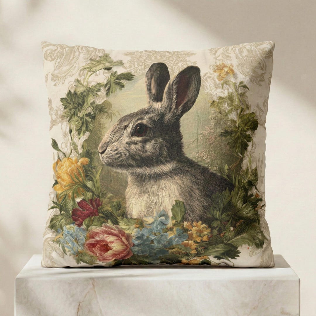 Noble Rabbit Easter Pillow Noble Rabbit Vintage Floral Couch Cushion Rococo Spring ...