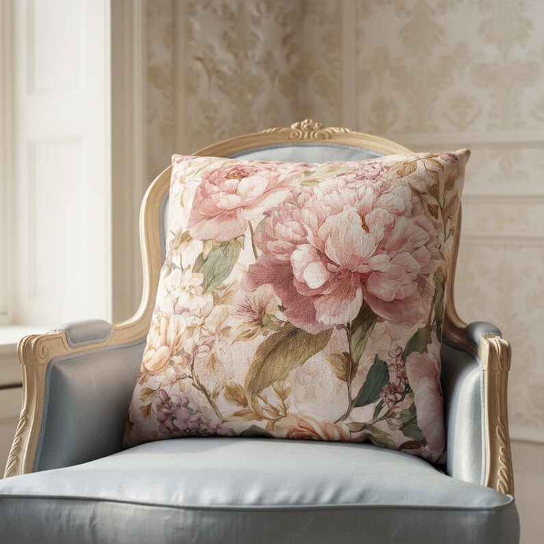 May include: A square decorative pillow with a floral pattern featuring large pink peonies and green leaves. The pillow is placed on a light blue chair with a carved wooden frame, creating a vintage aesthetic.