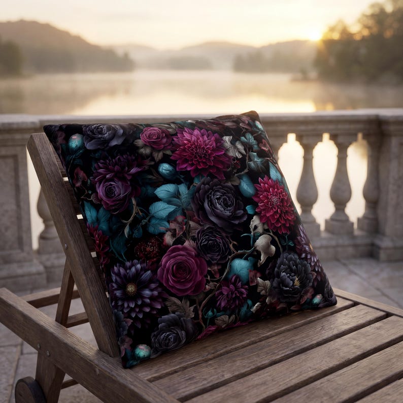 May include: A square throw pillow featuring a dark, moody floral pattern on a black background. The design includes deep magenta dahlias, purple roses, and teal-colored leaves and buds, creating a dense, layered botanical arrangement.