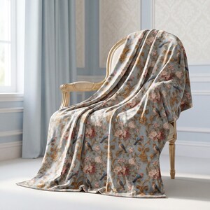 Throw Blanket Baroque Birds Floral | Grandmillennial Cozy Wrap | Patina Blue Gift