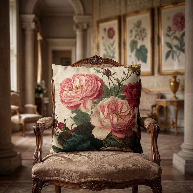 May include: A square throw cushion featuring a botanical print of large, blooming pink and cream-coloured peonies with deep green leaves and small buds on a light, off-white background. The cushion is positioned on a wooden armchair.