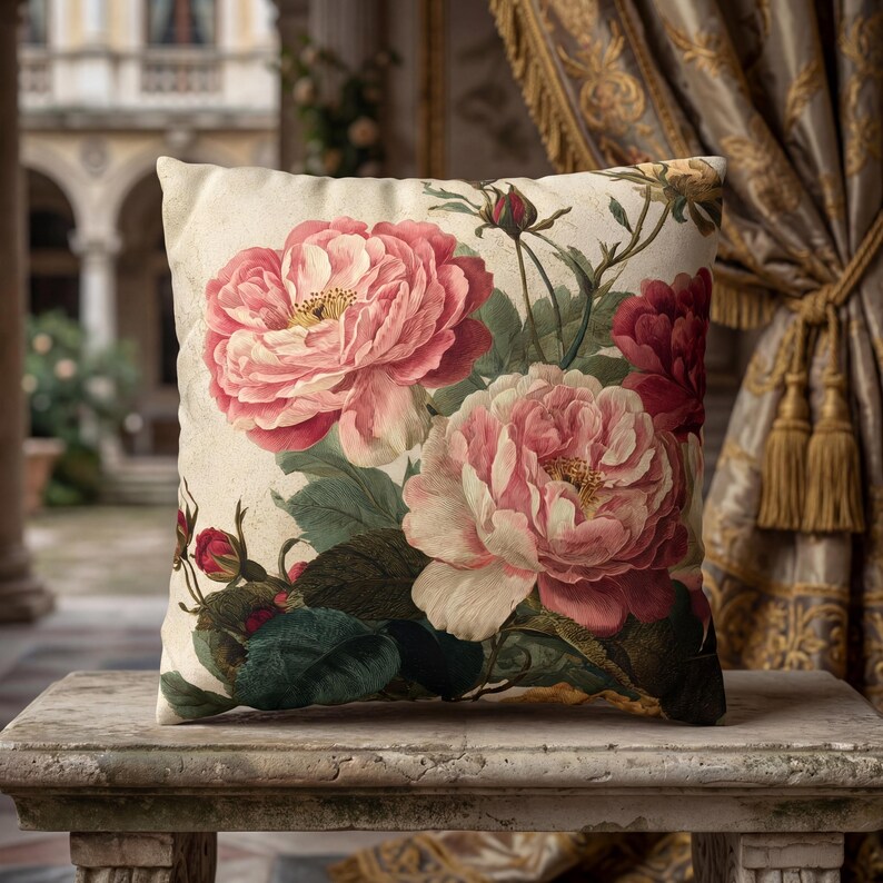 May include: A square throw cushion featuring a botanical print of large, layered pink and cream-coloured peonies with dark green leaves and small red buds against a cream-coloured background. The floral design covers the entire front surface.