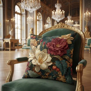 May include: A square throw pillow featuring a dark teal background with a detailed botanical print of large cream and deep red flowers, green leaves, and small red berries. The pillow is placed on a green velvet armchair with a gold frame.