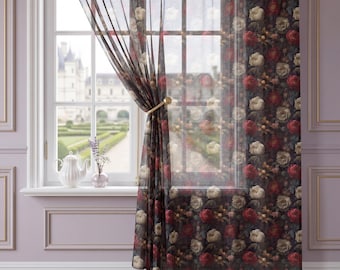 Tende trasparenti con motivo floreale botanico in stile antico / Finestra in stile dark academia massimalista / Decorazione cremisi