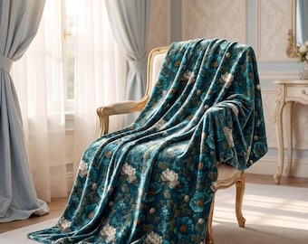 Manta decorativa floral botânica em tons de azul-petróleo | Manta de veludo macia para sofá