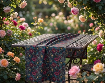 Caminho de mesa floral gótico com papoulas em tons de azul-petróleo | Decoração para festa com tema de jardim botânico escuro | Presente para anfitriã