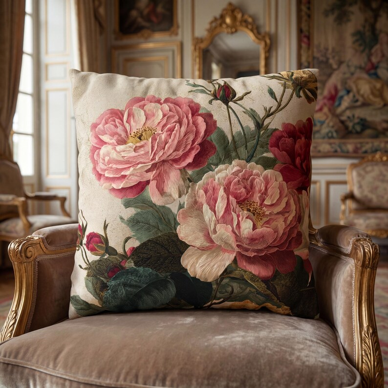 May include: A square throw cushion featuring a botanical print of large, blooming pink and red peonies with green leaves and closed buds on a cream-coloured background. The floral design covers the front of the cushion, showcasing detailed petals.