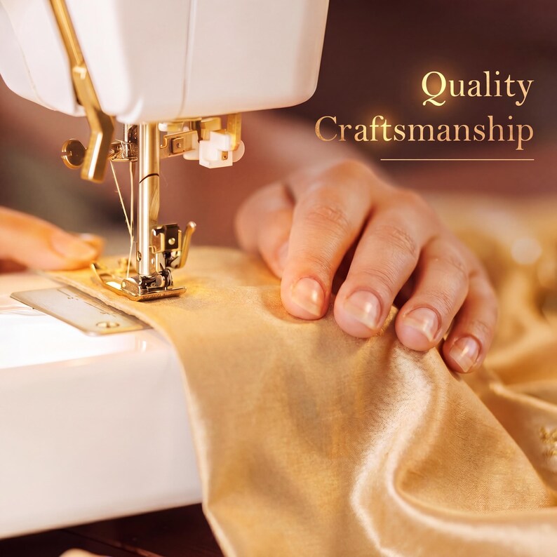 May include: A white sewing machine with a gold metal presser foot stitching through a piece of shimmering gold fabric. The text Quality Craftsmanship is printed in gold lettering on the right side of the frame above the fabric.