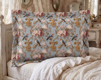 Pillow Sham Baroque Birds Floral | Grandmillennial Cottage Core | Patina Blue Bedroom