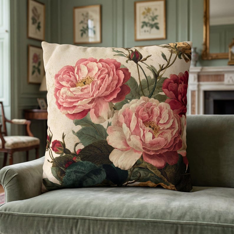 Cream decorative pillow with large pink vintage roses print on a sage green velvet sofa in a traditional living room with botanical art.