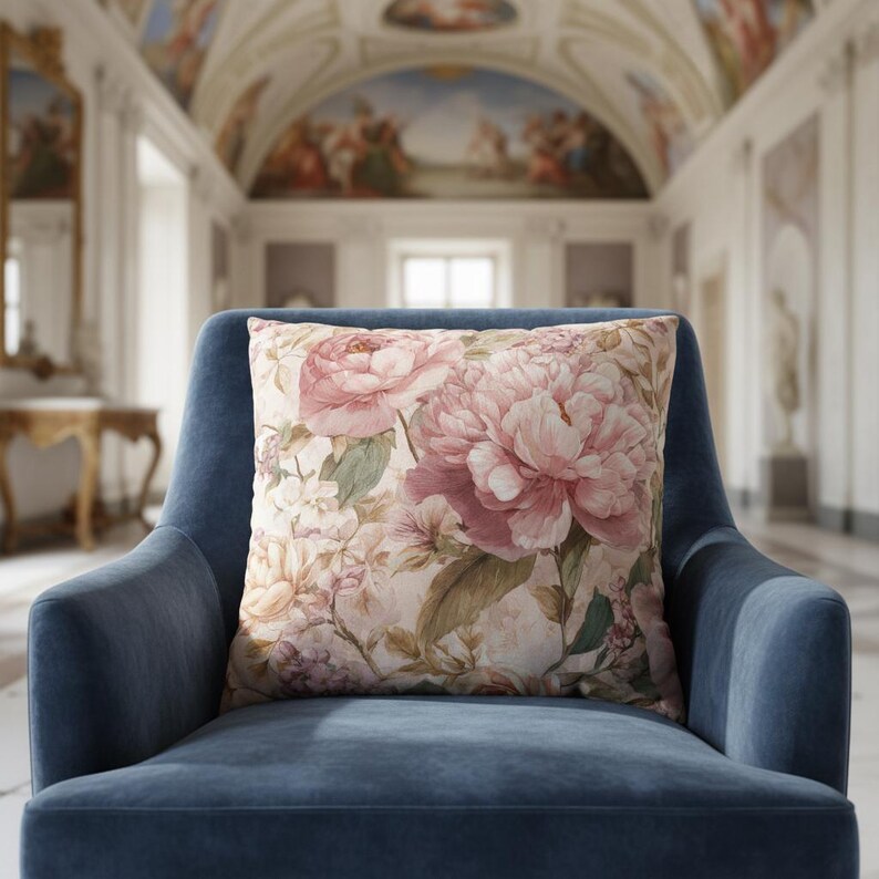 May include: A square decorative pillow with a floral pattern featuring large pink peonies and other flowers in shades of pink, cream, and green. The pillow is on a blue velvet armchair.