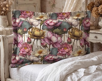 Pillow shams Pink Lotus Botanical Cream | Floral Bedding Gift | Shabby Chic Bedroom Decor