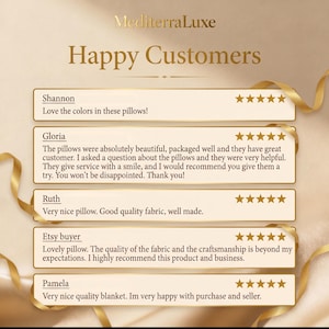 Pu&ograve; includere: Una grafica intitolata MediterraLuxe Happy Customers che mostra cinque riquadri rettangolari color oro con valutazioni a cinque stelle. Ogni riquadro contiene nomi di clienti e feedback scritti riguardanti cuscini e una coperta.