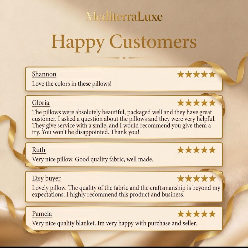 Pu&ograve; includere: Una grafica intitolata MediterraLuxe Happy Customers che mostra cinque riquadri rettangolari color oro con valutazioni a cinque stelle. Ogni riquadro contiene nomi di clienti e feedback scritti riguardanti cuscini e una coperta.