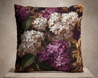 Baroque Pillow Lilac Blooms, Romantic Purple Cushion, Vintage Botanical Sofa Accent
