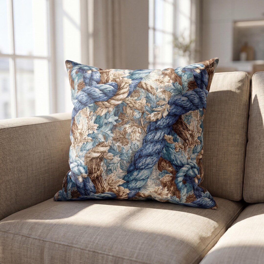 Nautical Beach House Cushion | Blue Rope Botanical Coastal Pillow Cover ...