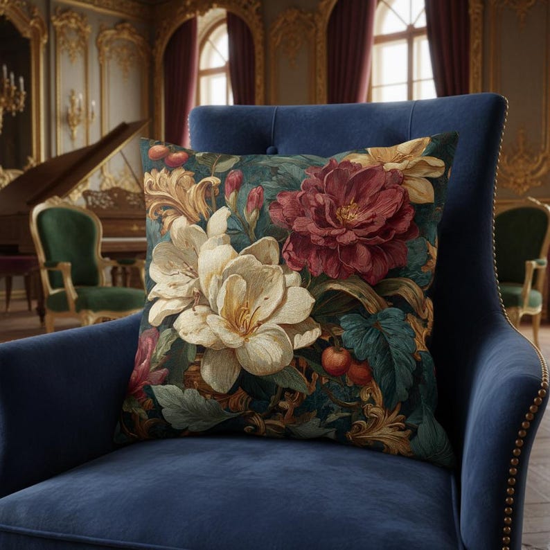 May include: A square throw pillow featuring a dark teal background with a detailed floral pattern. The design includes large cream-colored blossoms, deep red flowers, green leaves, small red berries, and gold-toned scrollwork accents.