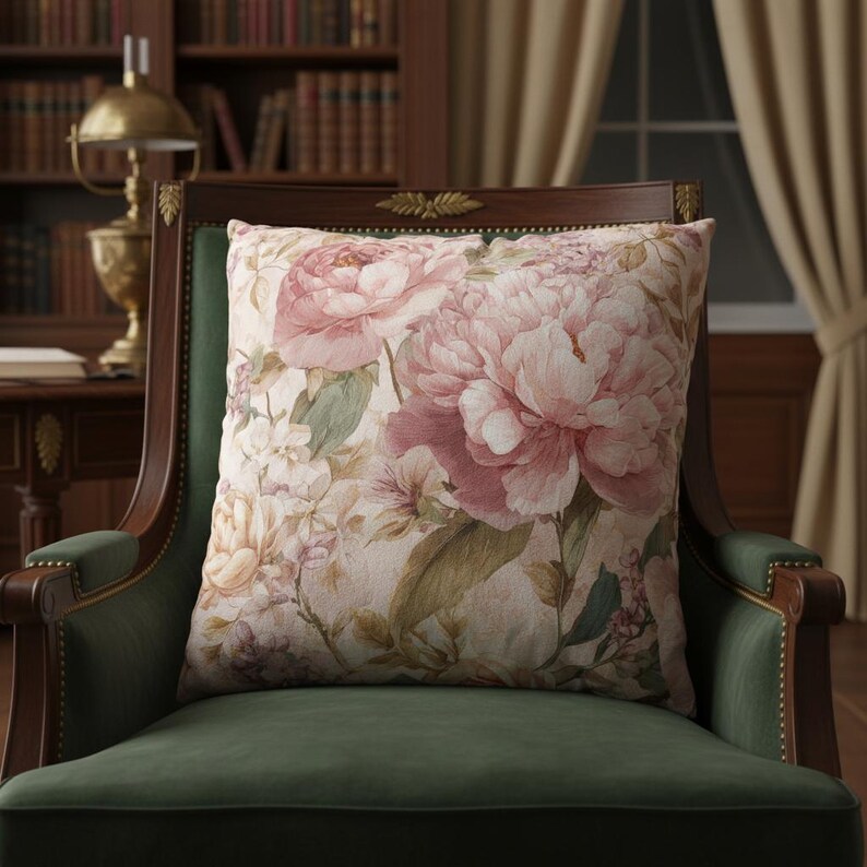 May include: A square decorative pillow with a floral pattern featuring large pink peonies and smaller white flowers. The pillow is set on a green velvet armchair with a dark wooden frame, creating a vintage aesthetic.
