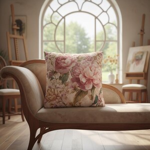 May include: A decorative square pillow with a floral pattern featuring large pink peonies and smaller white flowers. The pillow is placed on a beige chaise lounge in a well-lit room with art easels.