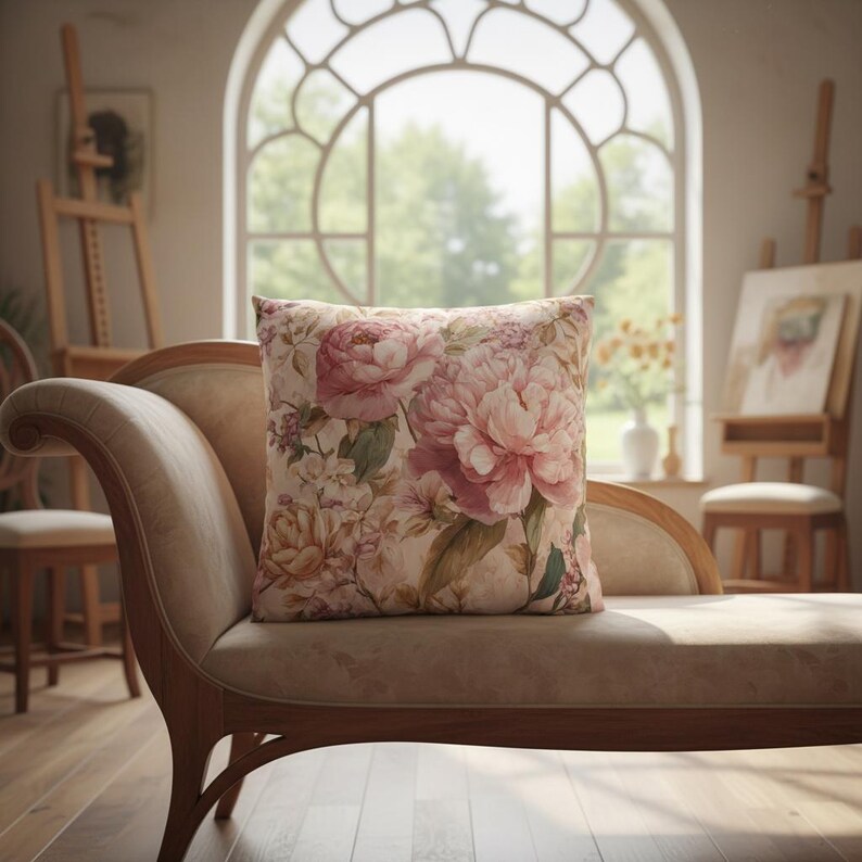 May include: A decorative square pillow with a floral pattern featuring large pink peonies and smaller white flowers. The pillow is placed on a beige chaise lounge in a well-lit room with art easels.