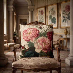 May include: A square throw cushion featuring a botanical print of large, blooming pink and cream-coloured peonies with deep green leaves and small buds on a light, off-white background. The cushion is positioned on a wooden armchair.