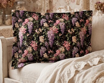 Fundas de almohada Moody Floral Wisteria Gothic / Dormitorio botánico morado oscuro / Regalo maximalista