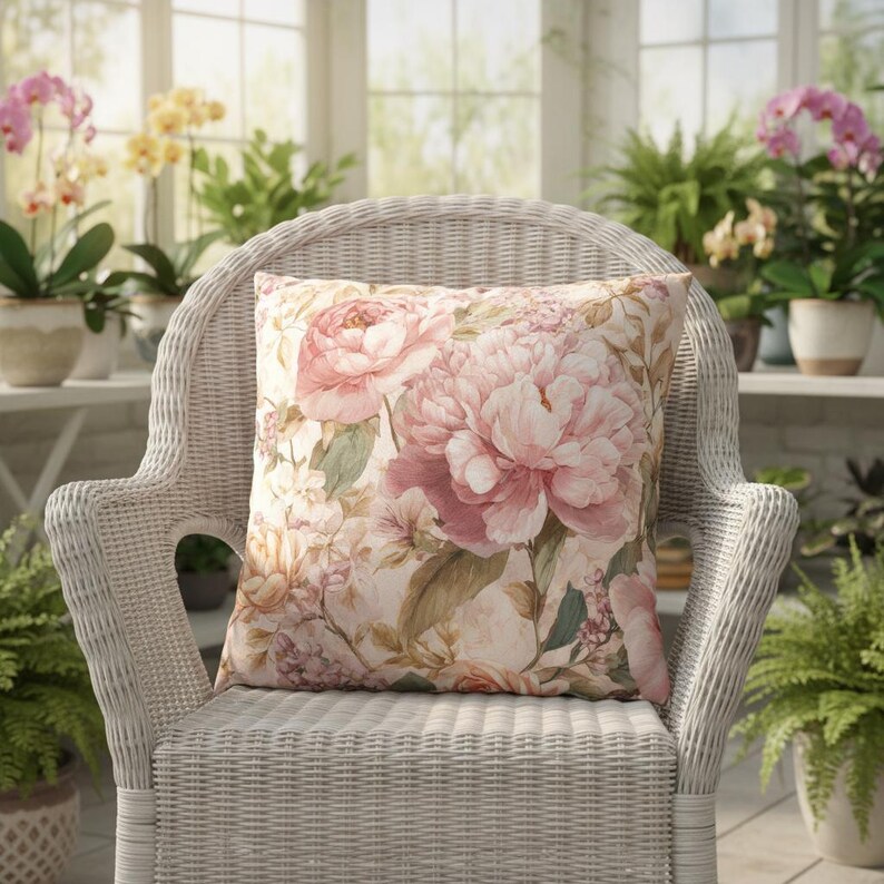 May include: A square decorative pillow with a floral pattern featuring large pink peonies and smaller white flowers. The pillow is set on a white wicker chair in a sunroom with potted plants.