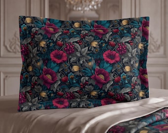 Fronhas com estampa botânica gótica escura | Roupa de cama floral em tons de carmesim e azul-petróleo | Presente para quarto no estilo Dark Academia
