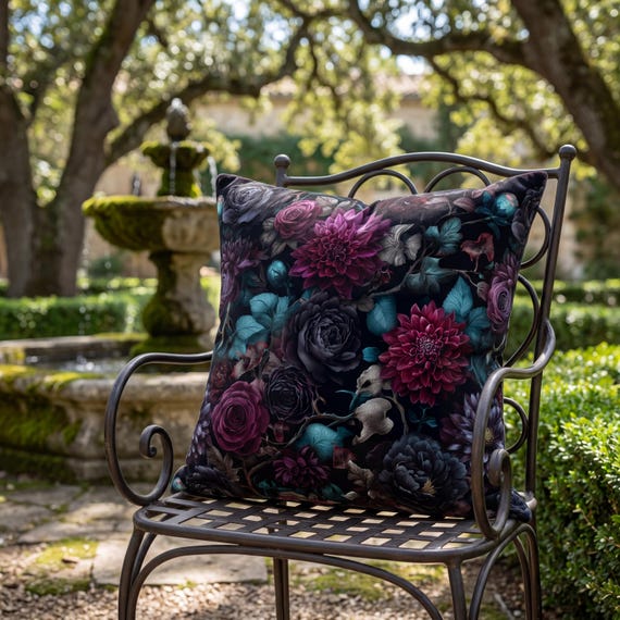 Goth Outdoor Pillow | Dark Floral Patio Cushion | Witchy Garden Decor