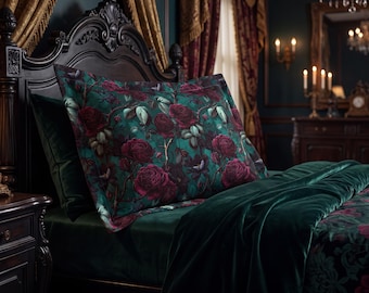 Pillow Shams Gothic Crimson Rose | Dark Academia Bedding Gift | Moody Floral Bedroom Decor