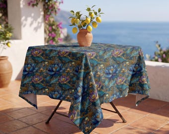 Floral tablecloth Blue Lotus Art Nouveau | Garden Party Table Cover | Grandmillennial Dining Decor