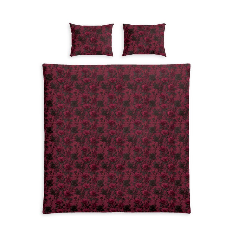 Dark Lace Rose Cotton Bed Set Burgundy Linen Romantic Bedding Gothic Bedroom Decor immagine 11