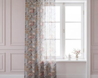 Cortinas transparentes con estampado floral de pájaros barrocos / Grandmillennial Patina Blue / Decoración Cottage Core